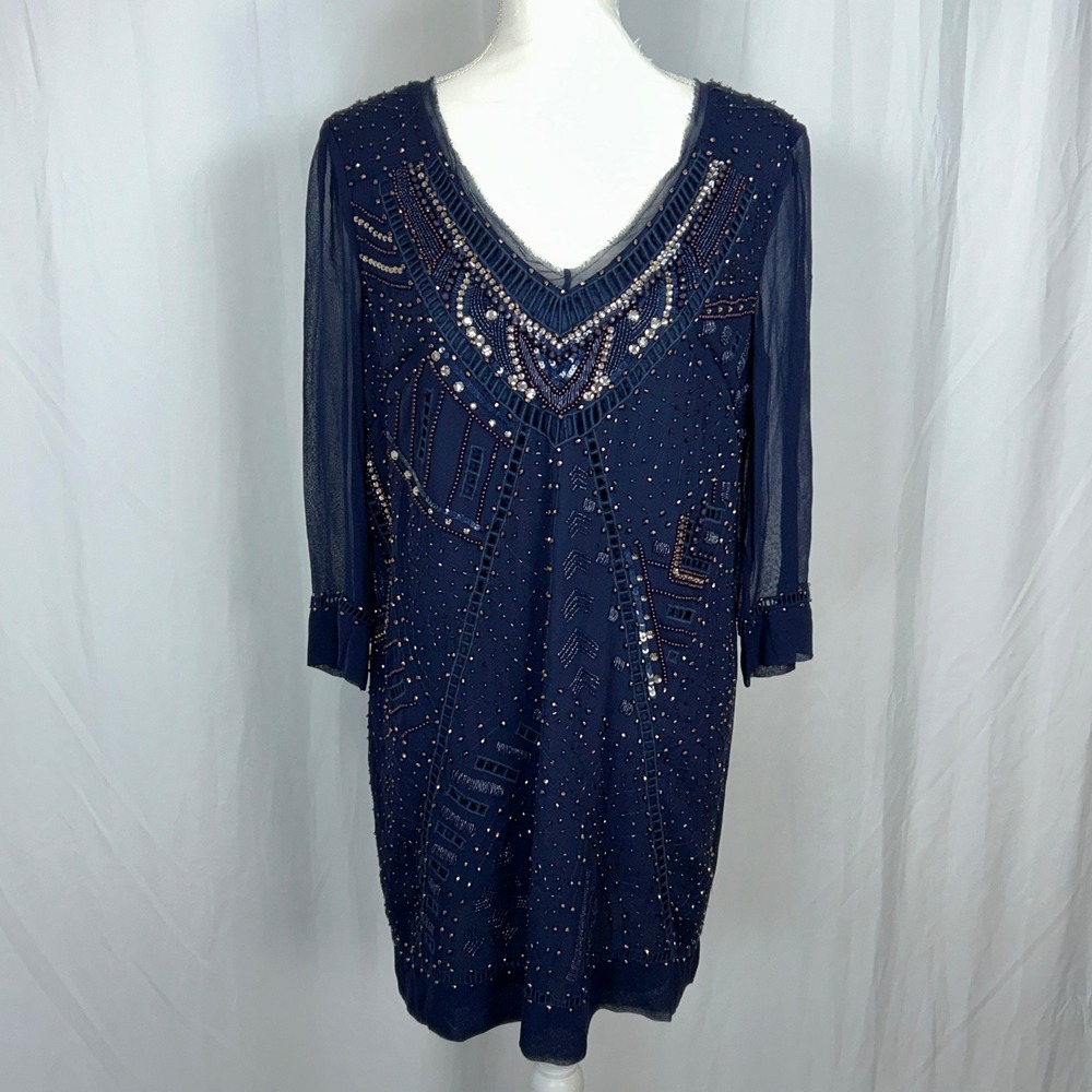NWT French Connection Evissa Beading Dress 8 Nocturnal Navy Blue Open Back
